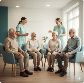 Resident smiling in chair